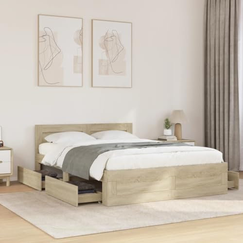 Willood Bettgestell mit Kopfteil Doppelbett lattenrost Bettrahmen Holzwerkstoff Sonoma-Eiche 120x200 cm