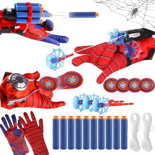 Funnity 3 Sets Spider Handschuhe mit Launch, Marve Spielzeug Spider Netzwerfer, Spider Handschuhe Spinnennetz, Spider Kostüm Kinder für Fasching Spider Cosplay Spider Geschenk