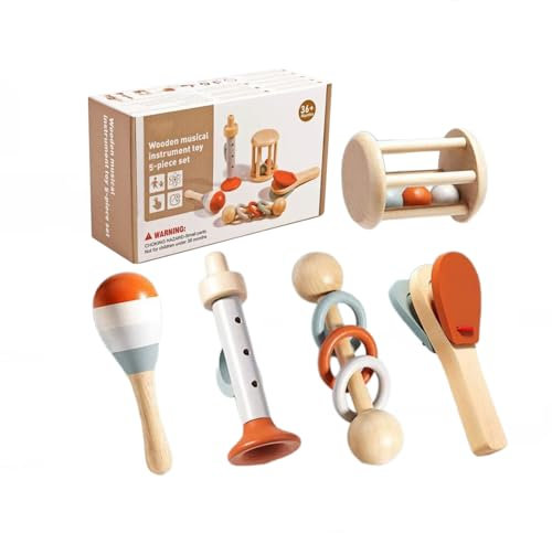 Sonaglio in legno per neonati, 5 pezzi, giocattolo sonoro Montessori per bambini con maracas, campana a mano, sonaglio a tamburo, tromba, calamita, strumento musicale per bambini per l'apprendimento