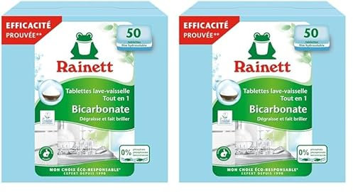RAINETT - Pastilles Lave-Vaisselle Tout-en-Un au Bicarbonate - Résultat Brillant, Sans Traces - Etui Carton Recyclé & Recyclable - Ecolabel - 50 Tablettes (Lot de 2)