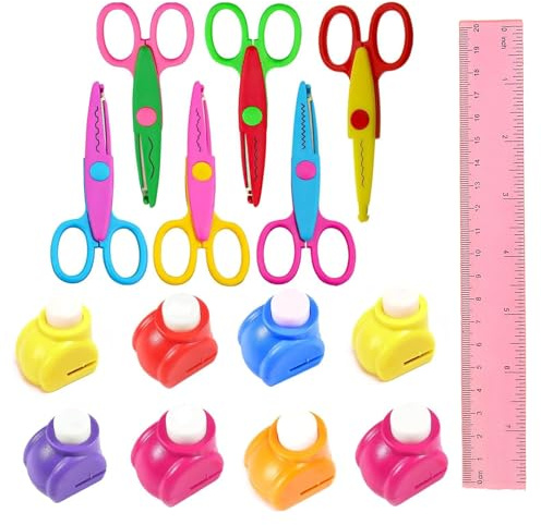 Set de Ciseaux Enfants, Ciseaux Cranteurs Enfants, Une Variété de Motifs Amusants, Contient 6 Ciseaux Zigzag Pour Enfants et 8 Emporte-pièces Papier Avec 1 règle en plastique rouge