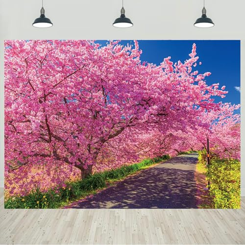 10x8ft Spring Scenery Backdrop Pink Cherry Blossom Trees Flowers Garden Path Sunshine Photography Background Spring Camping Picnic Party Decorations Portraits Wallpaper Banner Photo Studio Props