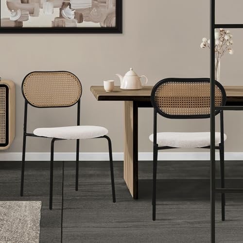 ML-Design Esszimmerstühle 2er Set Beige, Küchenstuhl mit Rattan Rückenlehne, Gepolsterte Stühle mit gebogener Netzrücke, Rattanstuhl mit Metallbeinen, Armlose Polsterstühle, Akzentstühle für Esszimmer