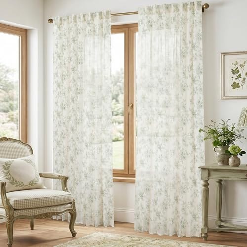 Salbeigrün Vintage-Vorhänge mit Blumenmuster, hellgrün, Toile-Muster, Leinen, durchscheinend, fließende Vorhänge für Wohnzimmer, Schlafzimmer, 244 cm lang, 2 Paneele Set