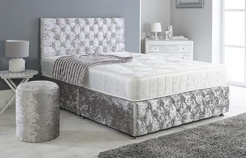 Adore Living Chesterfield Crushed Velvet Divan Bed Set - Headboard, Footboard & Mattress - Storage Bed (Silver, 5ft Kingsize - No Drawers)