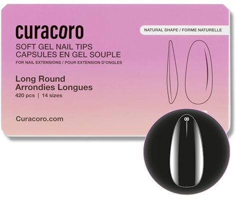 Curacoro Natural Nail Soft Gel Tips - 420Pcs Soft Extension Tips, 14 Sizes Clear Full Cover Acrylic Gel Tip, Long-Lasting Salon Quality, Easy to Wear & Natural Look (Round, Long)