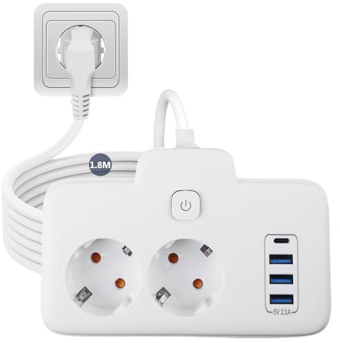 Multiprise 2 prises, avec câble d'extension de 2 m, 3 ports USB et 1 type C, idéale pour le bureau, la maison et les voyages - Rallonge pratique avec multiprise