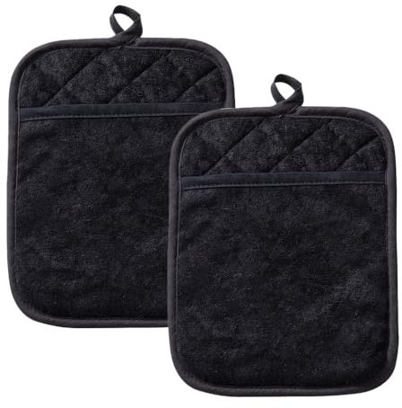 KOZOY Lot de 2 maniques en coton avec sac, dimensions : 17,2 x 22,4 cm, noirs, dessous de plat et gants de four résistants à la chaleur, maniques antidérapantes pour la cuisine, la pâtisserie, le