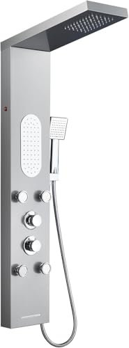 LLFFSSDG Sistema de Torre de Panel de Ducha LED con Cabezal de Lluvia 6 Funciones + 4 Chorros Corporales, Ducha de Mano y Boquilla de Bañera - Acero Inoxidable Brushed Nickel