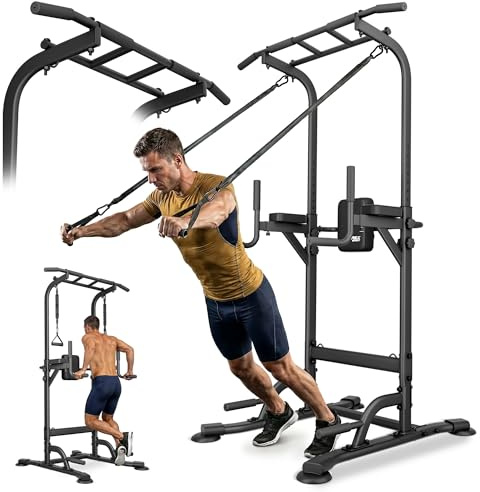 TREX SPORT Power Tower Dip Station freistehend bis 150 kg Expander TX-150PR | Klimmzugstange aus Stahl, Multifunktionaler Kraftturm, Fitness Kraftstation, Schwarz