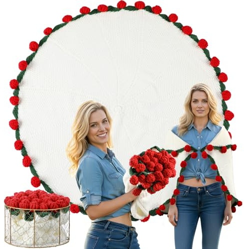 SmoothNovelty Rose Crochet Flowers Bouquet Blanket Handmade Romantic Crochet Rose Knitted Flower Throw Blankets for Women Birthday Christmas Housewarming Gifts Home Decor DIY, 31.5 Inch