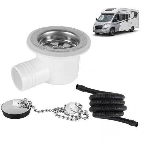 Wohnmobil Waschbecken Ablauf, 2 m Schlauch, Auslaufsicherer Abflussadapter | ABS und Edelstah, 90-Grad-Design, Wohnmobil-Waschbeckenanschluss, für Wohnmobil und Yacht-Spüle