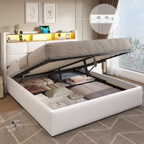 DICTAC Lit Coffre 160x200 avec Lumières LED et Prise,Lit 160x200 avec Sommier à Lattes et Rangement Hydraulique,Lits 2 Personnes en Lin avec Rangement Tête de lit,Lits 2 Places,Blanc-sans Matelas