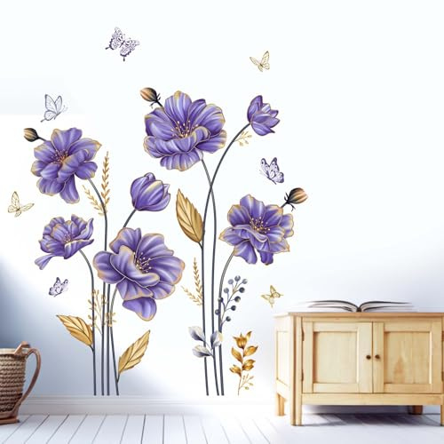 Lila Blume Wandtattoo für Mädchen: Abziehen und Kleben Entfernbare Wildblume Florale Wandtattoo für Wohnzimmer Schlafzimmer Mädchen Zimmer Heim Vinyl Dekor