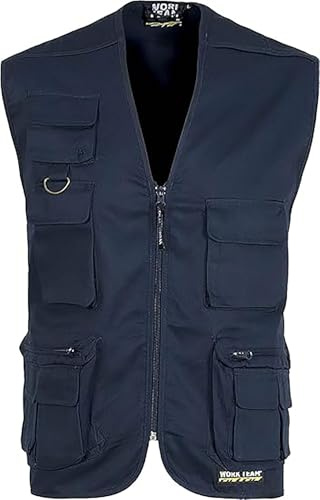 WORKTEAM Chaleco Safari Multibolsillos, Chaleco con Cremallera y Bolsillos Funcionales, Escote Pico, Unisex Marino XL
