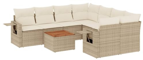 Qnhdfrt 9-TLG. Gartenmöbel Set Beige Poly Rattan Sofa Lounge Eckgruppe mit Akazienholztisch und abnehmbaren Bezügen für Garten Terrasse Balkon Outdoor
