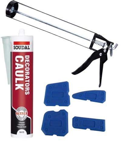 Sealant Gun and Decorators Caulk Set Including Sealant Finishing Kit, Manual Caulking Gun and Soudal Builders Caulk White