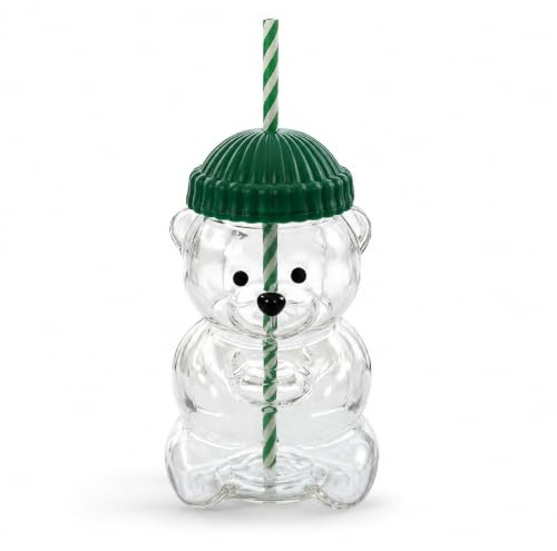 LuminaVerde osito de vidrio, osos, agua, vasos, vidrio | Vaso de osito, taza de plástico transparente, tapa verde con pajita, para bebidas frías y fotos