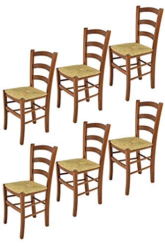 t m c s Tommychairs - Set 6 chaises Venice pour Cuisine, Bar et Salle à Manger, Robuste Structure en Bois de hêtre peindré en Couleur Noyer Clair et Assise en Paille