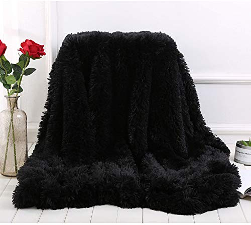 BYM Kuscheldecke Wohndecke Doppelseitig aus Warmem Weichem Plüsch Wolldecke Flauschige Felloptik Tagesdecke (Schwarz)