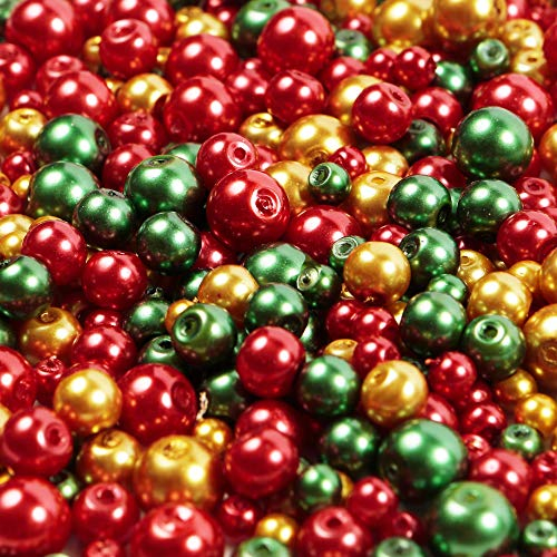 Joyeux Noël - Perles de verre en verre 410 pièces Mélange de perles de perle de 4 mm, 6 mm et 8 mm aux couleurs rouge, vert et or pour la fabrication de bijoux, ainsi que pour l'art et l'artisanat