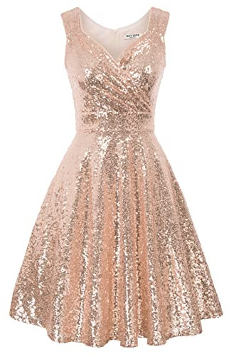 GRACE KARIN 50s Hepburn Fancy Dress Sequins V-Neck Knee Length A-line Flared Communion Prom Dress S Sequin Rose Gold