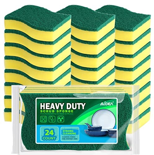 AIDEA Heavy Duty Scrub Sponge Washing Up Pack of 24, Cleaning Scrub Sponge, Stink Free Dual-Sided Dishwashing Sponge, Effortless Cleaning Eco Scrub Pads for Dishes,Pots,Pans All at Once