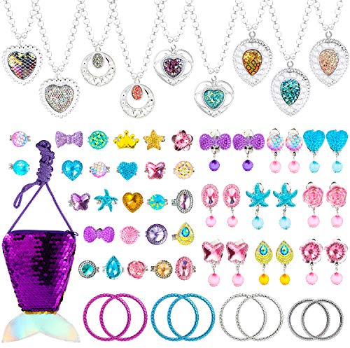 WATINC 62 Stück Kinder Schmuckset Prinzessin Schmuck Spielzeug Kostüme Dress Up Zubehör enthält Meerjungfrau Handtasche Halskette Ohrringes Ringe Armbänder für Mädchen Geburtstags Gastgeschenk