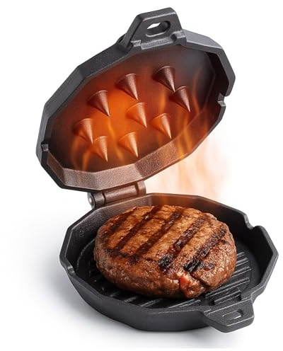 BURGERDEVIL Gusseisen Burgerpfanne mit Deckel - Doppel-Bratpfanne für perfekte Patties - Grillpfanne für BBQ, Smoker & Küche - Vorbehandelte, Hitzebeständige & Extra saftige Pattie-Pfanne (2 Stück)