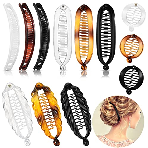 12 Bananen Haarspangen Klassische Drahtkämme Großer Doppelkamm Bananenspange Fischschwanz Haarspange Pferdeschwanz Halter Clip für Frauen, 4 Stile (Schildpatt Farbe, Weiß, Klar, Schwarz)