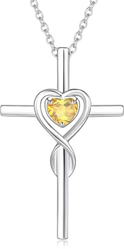 Damen Halskette mit Unendlichkeit Symbol Kreuz Anhänger Kette Infinity aus 925 Sterling Silber mit Natürlicher Citrin Edelstein Herz Form Juli Geburtsstein - Verstellbar Kettenlänge: 40 + 5 cm
