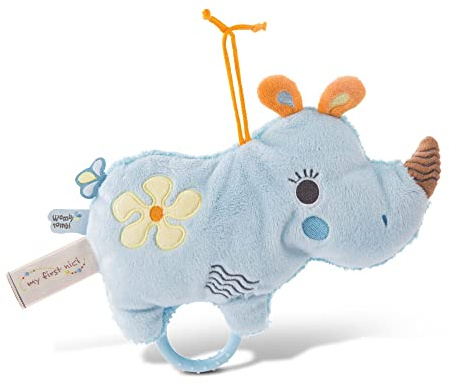 NICI Aufzieh 2D Nashorn Manuffi 20cm ab 0+ Monaten für Jungen & Mädchen – Spieluhr Baby – Einschlaf-Hilfe für Babys & Säuglinge – Ideal für Bett, Kinderwagen, Wiege – Mozarts Wiegenlied, blau