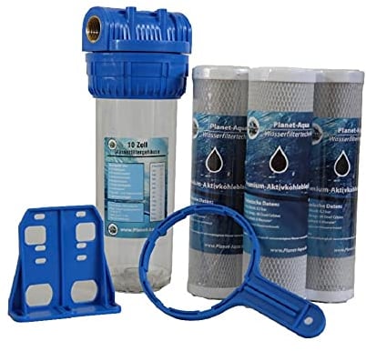 Filtergehäuse SET 10 Zoll x 3/4 IG + 3x AKTIVKOHLE BLOCK Filter Wasserfilter Hauswasserwerk Trinkwasser Garten Wasser Brunnen Zisternen Pool Pumpen Vorfilter