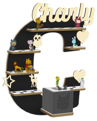 Holzura Tonie Regal für Toniebox, Toniebox Regal personalisiert mit Name und Holzsymbolen, Tonie Aufbewahrung (Buchstabe C)