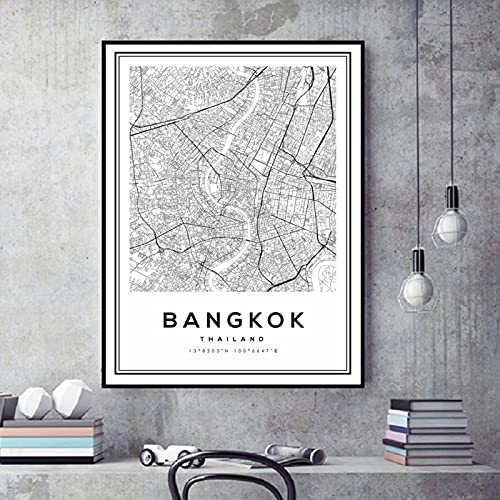Black and White Bangkok Map Nordic Thailand City Map Wall Art Printed Pictures Posters and Prints Living Room Home Decor 40x60cm Frameless