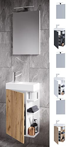 VCM 3-TLG Set | Waschplatz für Gäste WC | Gästebad | Waschtisch mit Spiegel | Badezimmer Set – Lumia Weiß/Honig-Eiche