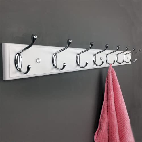 lomejii Porte-manteau mural bois blanc avec 8 crochets argentés, 80 cm longueur, patère mural pour manteau, chapeau, sac, grande portemanteau moderne pour entrée, couloir, chambre à coucher