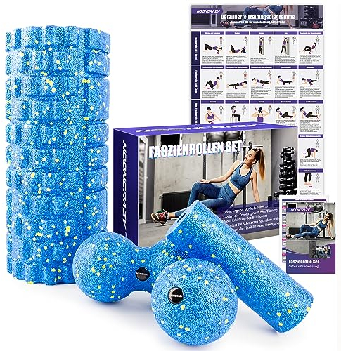 Faszienrolle Set, Set mit 3D-Texturmassage Faszienrolle, Mini Faszienrolle, Faszienball und Duoball, Faszien Set zum Faszien Training von Muskeln, Bindegewebe und Stoffwechsel, mit Training Posters