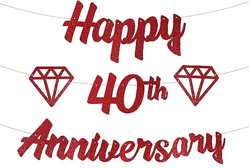 40th Wedding Anniversary Decorations Banner Glitter Red Bunting Banner Ruby Wedding Anniversary Decorations Supplies (Red)