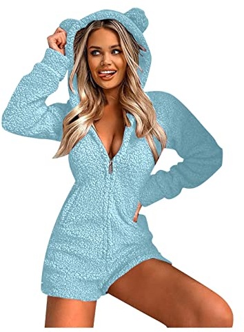 FGUUTYM Onesie Damen Bär Fleece Jumpsuit Kurze Süße Einteiler Overall Warme Tier Pyjama Plüsch Schlafanzug Flauschig Weich Hausanzug Schlafoverall Mit Kapuze Reißverschluss Homewear Sportanzug Set