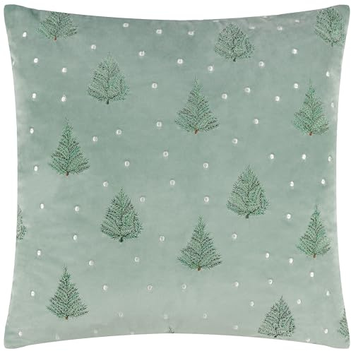 furn. Evergreen Federgefülltes Kissen (Grün - 43x43cm) | Bestickter Tupfen Winterbaum Samtrückseite Festliches Dekoratives Kissen