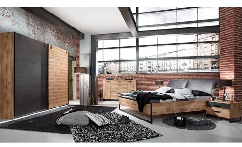 Lomadox Schlafzimmer Set 5-TLG. mit Bett 180x200, Schwebetürenschrank 250cm, Kommode, 2 Nachttische in Eiche mit Stahl Nb., Industrial Design