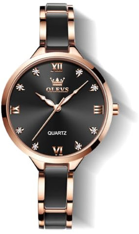 OLEVS Uhren für Frauen, wasserdicht, Quarz, Damenuhren, Keramik, Edelstahl, Uhrenarmband, Montre Femme, elegantes Geburtstagsgeschenk, für Damen, Mädchen, Schwarzes Armband, schwarzes Zifferblatt,