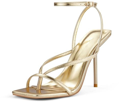 Zhabtuc Sandali con tacco da donna, Punta Quadrata, Tanga, Punta Aperta, Cinturino alla Caviglia con Fibbia, Sandali con Tacco, Scarpe Eleganti, oro, 41 EU