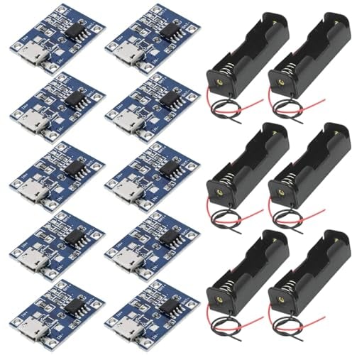 GTIWUNG 10Pcs Micro USB 18650 Lithium Battery Charger Module Li-ion Charging Board +6Pcs 18650 Battery Holder Case with Lead Wire Bundle