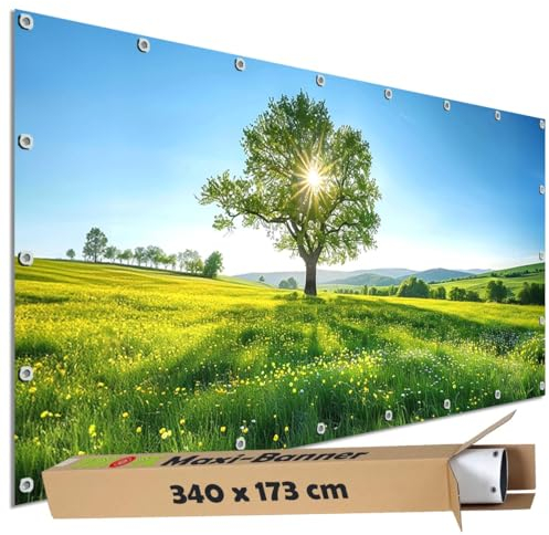 TRIOSK Große Motivplane Sichtschutz Zaunblende mit Motiv Blumenwiese Baum Sonnenlicht Motivbanner Garten Deko Plane Blickdicht für Zaun Terrasse Gartenzaun Zaunplane PVC 340x173 cm