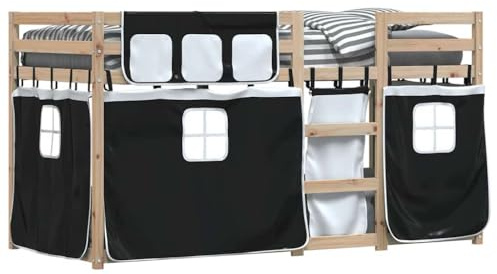 vidaXL Etagenbett, Kinderbett mit Vorhängen Leiter, Hochbett Spielbett für Kinder ab 6 Jahren, Doppel Stockbett Bett, Weiß Schwarz 90x190cm Massivholz Kiefer