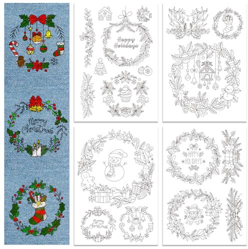 GLOBLELAND 4 fogli 18 pezzi di Ghirlanda Natalizia Adesivo e Stabilizzatore Idrosolubile per Ricamo A Mano per Cucito Fai Da Te Adesivo per Ricamo Stabilizzatori per Cucito A Mano Tessuti Non Tessuti