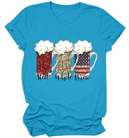 HOOUDO Sonderangebote Schnäppchen Rundhals Kurzarm Independence Day ROT Wein BLAU Bedrucktes Top T-Shirt Günstige Lange Röcke Achselshirts Damen Mit Kurzen Arm Bluse Damen Gros Mein Bestellung Sale