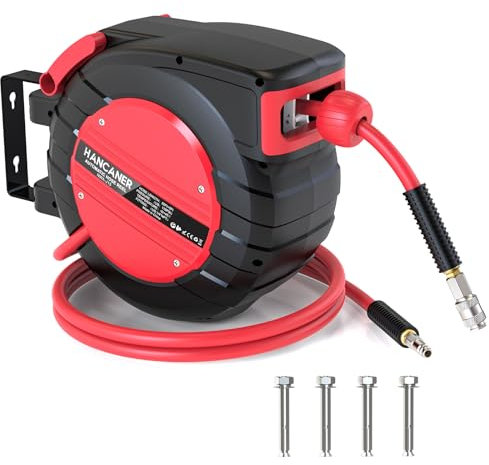 Hancaner Avvolgitubo per aria compressa da 15 m+1,5 m, attacco da 3/8, avvolgitubo ibrido, scatola per tubo flessibile da parete,pressione max.24 bar, girevole a 180°